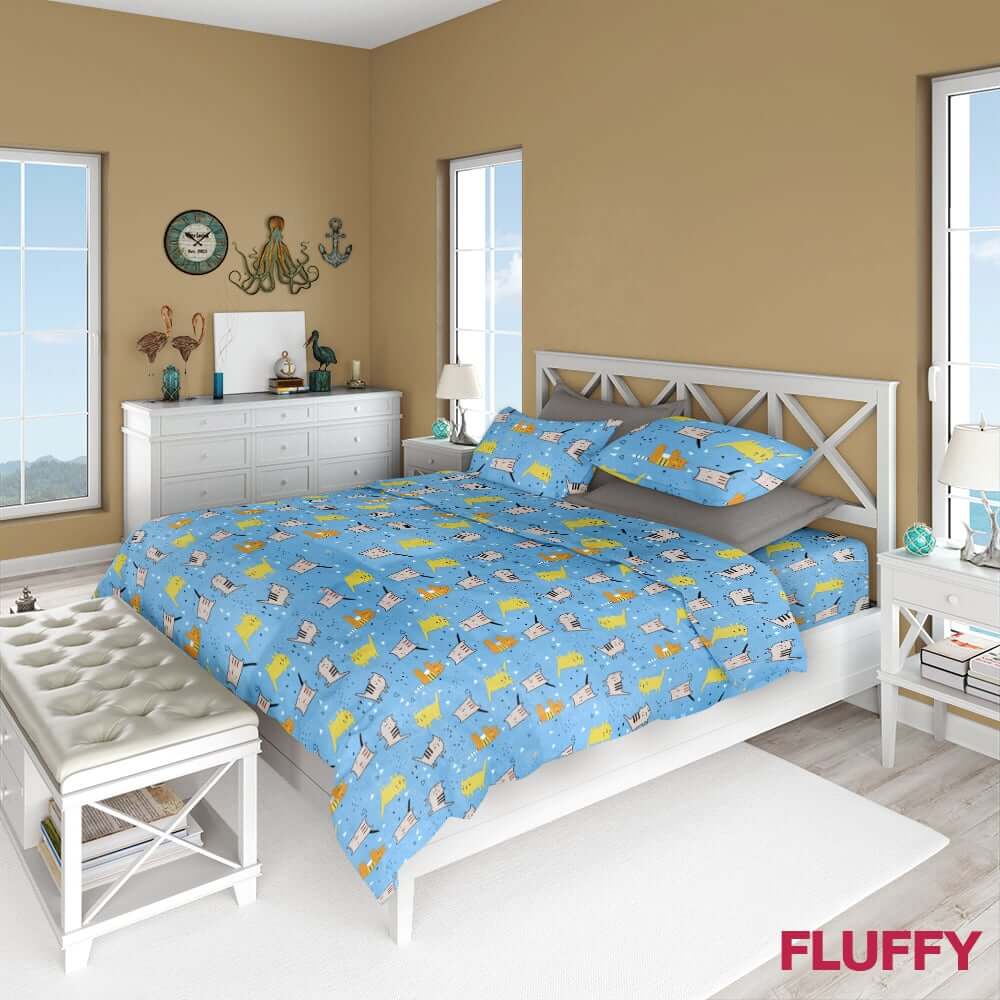ชุดผ้าปูที่นอน 5 ฟุต 3 ชิ้น Fluffy คอลเลคชั่น Dreamy ลาย Cat Joy ไม่รวมผ้านวม